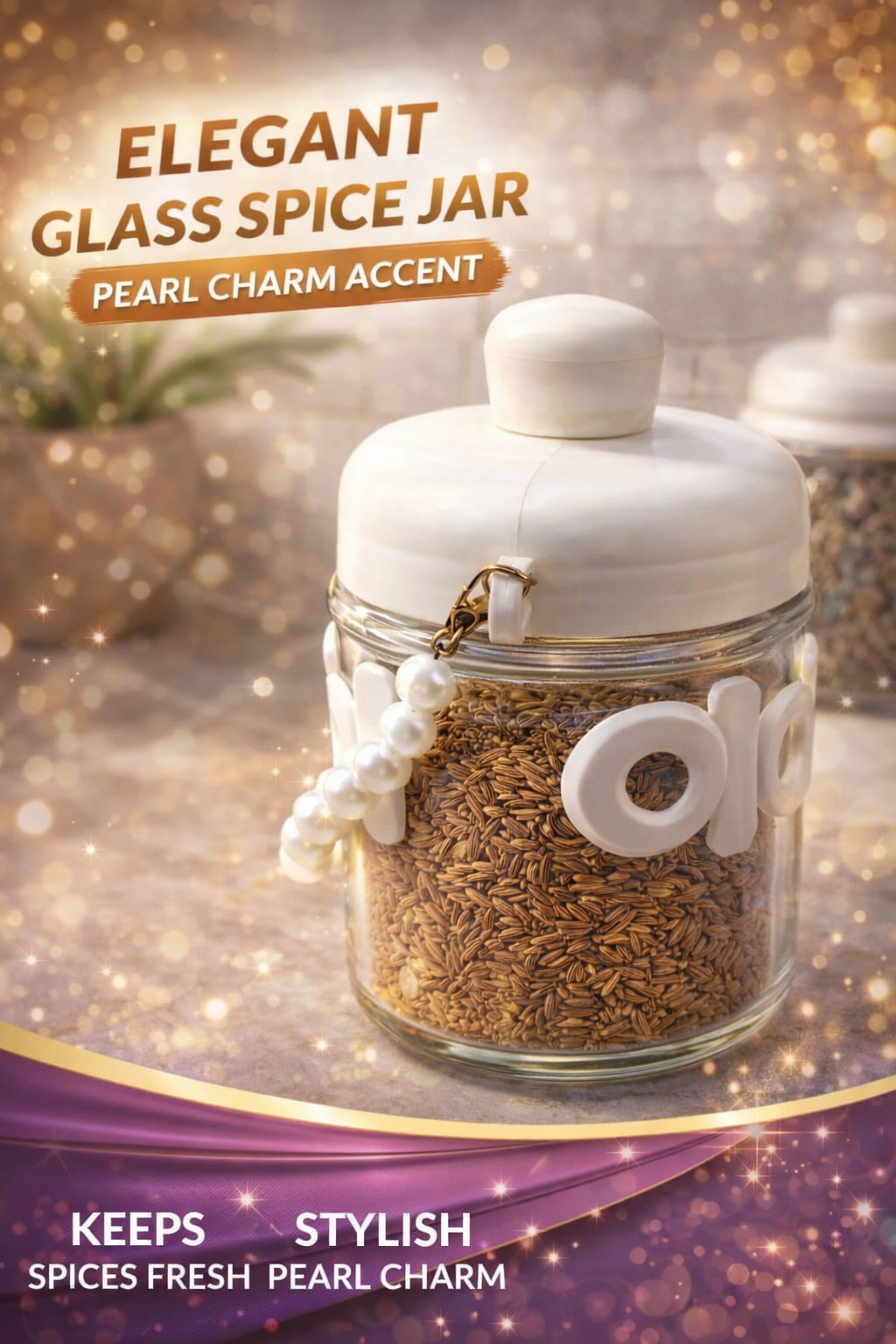 Premium Airtight Glass Spice Container with Stylish Pearl Charm Design